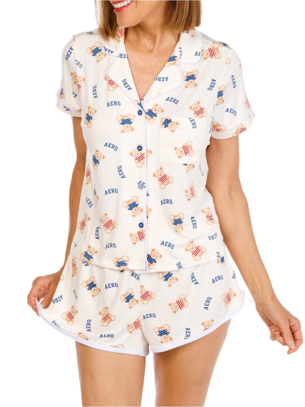 Aeropostale White Pajama Set with Navy and Red Teddy Bears
